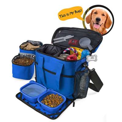 Waterproof Airline Approved Large Dog Travel Bag with 2 Lined Food Carriers and 2 Collapsible Bowls